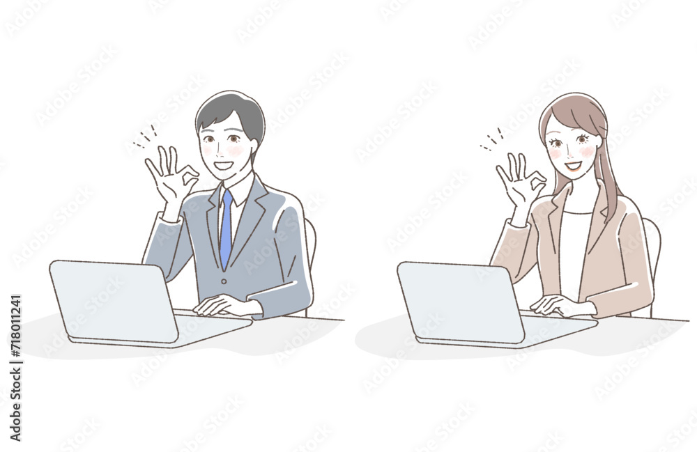 Business illustration set of men and women operating computers. Business illustration set of men and women operating computers.