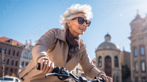 senior healthy woman riding a bicycle at urban in the morning.