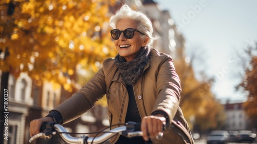 senior healthy woman riding a bicycle at urban in the morning.
