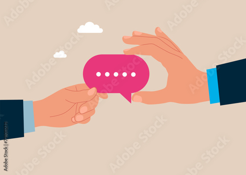 People Chatting. Hand pulling a speech bubble tug of war with a businessman. Speech bubbles. Flat vector illustration