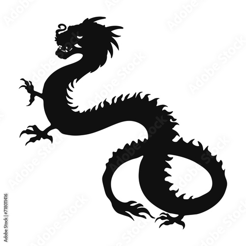 Dragon silhouette  Chinese zodiac  horoscope symbol  icon. Black oriental monster  magic fantasy legend animal shadow profile  side view. Flat graphic vector illustration isolated on white background