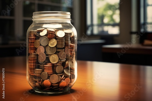 Jar containing gold coins in photo with Blur background