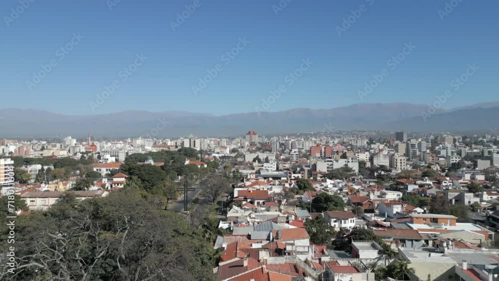 Aerial rising shot of city of Salta, Northern Argentina. Tilt down Aerial rising shot of city of Salta, Northern Argentina. Tilt down