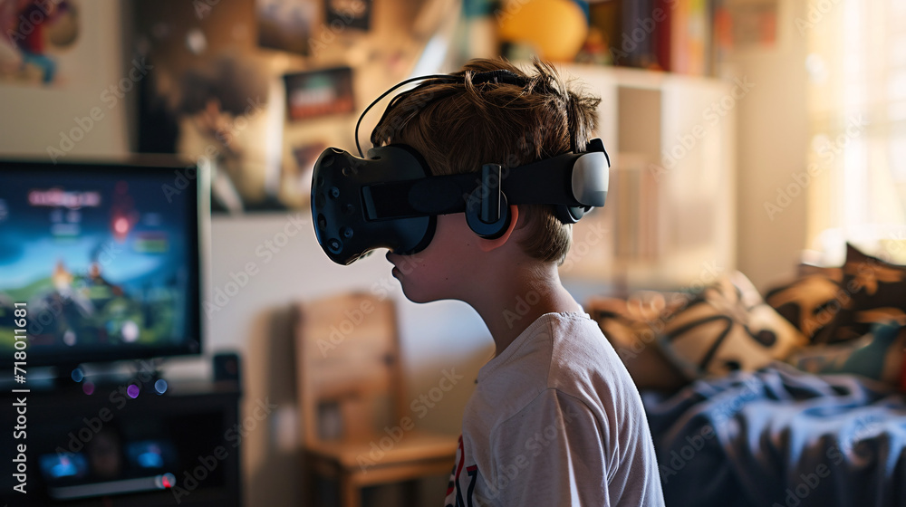 A child playing virtual reality games in his room A child playing virtual reality games in his room