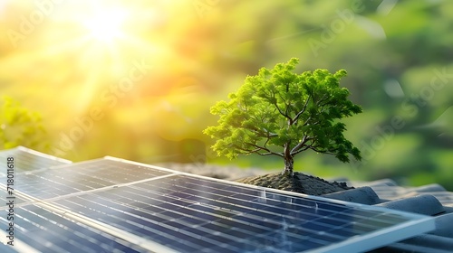 Solar panel with green plant. Green energy. Environment background photo