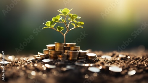 Plant growing from pile of gold coins on blur background. generative AI photo