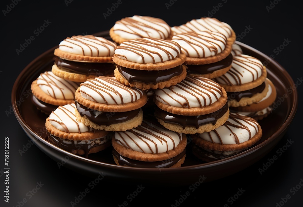 pile of white and brown biscuits on black background. generative AI pile of white and brown biscuits on black background. generative AI