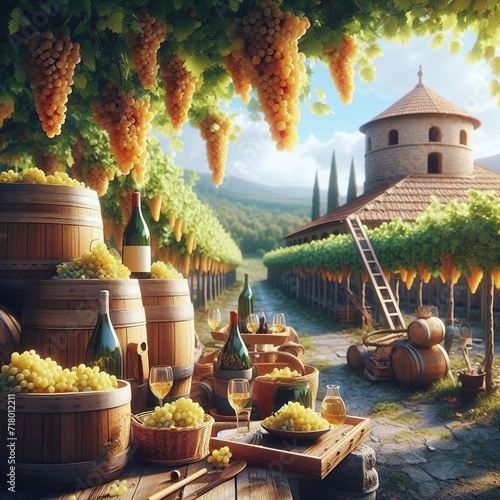 Green grapes in antique barrels, wine making in the mountains in the countryside