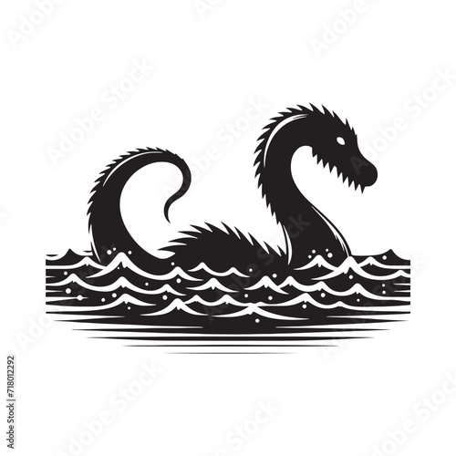 Mysterious Waves: Loch Ness Monster Silhouette Capturing the Mystery Beneath Rippling Waters - Loch Ness Monster Illustration - Sea Monster Vector
