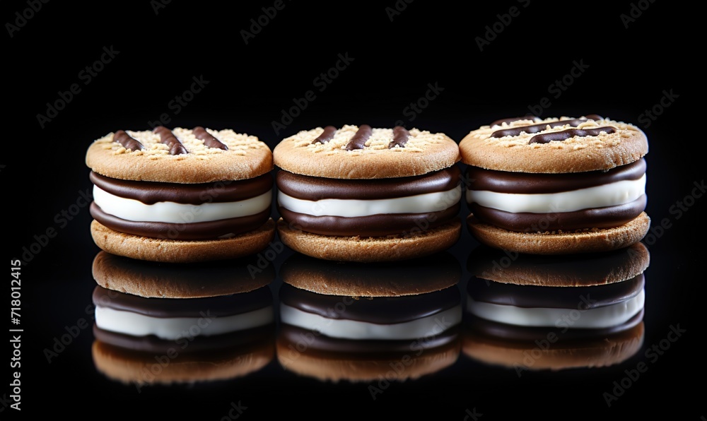 pile of white and brown biscuits on black background. generative AI pile of white and brown biscuits on black background. generative AI
