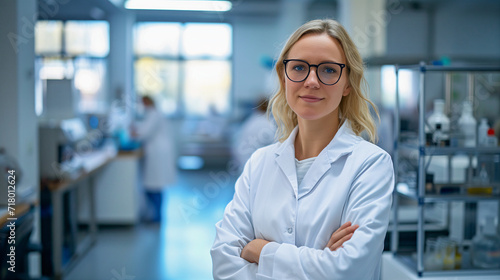 woman scientist lab technician wearing a white lab coat, medical science laboratory