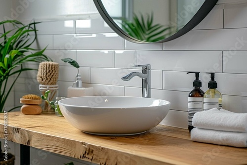 White sink on wood counter with a round mirror hanging above it. Bathroom interior.