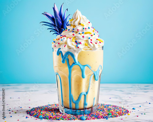 Pop Art Pineapple Milkshake with Overflowing Whipped Cream and Colorful Sprinkles - Photorealistic Doodle Art in Vintage Postcard Style Gen AI photo