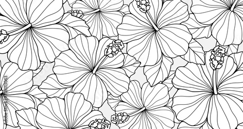 Black and white floral vector background with lush flowers and leaves. Background for coloring pages, cover design, wallpaper.