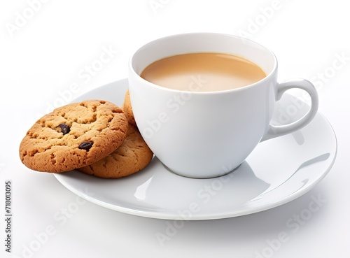 Cup of coffee on white Background with cookies beside it. generative AI