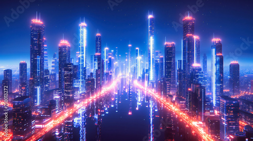 Business City at Night with Technology and Light, Futuristic Urban Road with Digital Motion and Network Concept