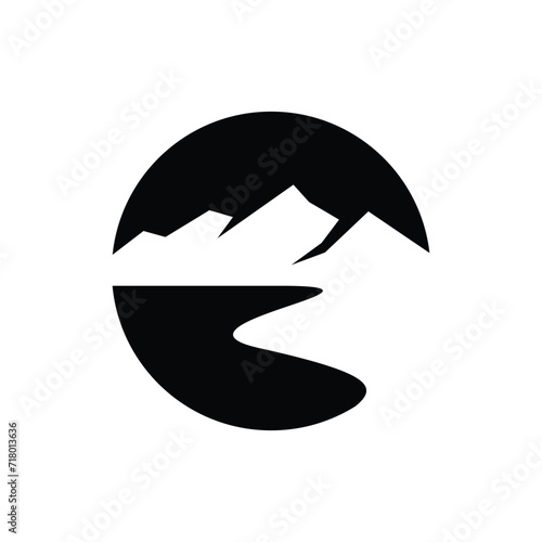Simple mountain lake, ocean or beach view black and white round icon with water line and ridge over horizon