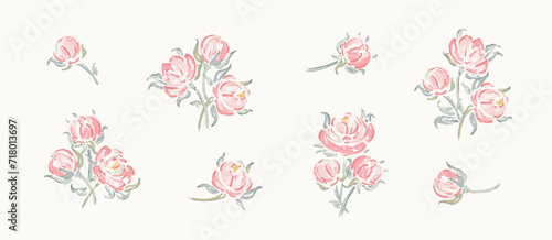 Vector Vintage Bouquets of Pink Roses Set. Rose Flower Shabby Chic Collection. Flowers and Leaves. Millefleurs Liberty Style Design.