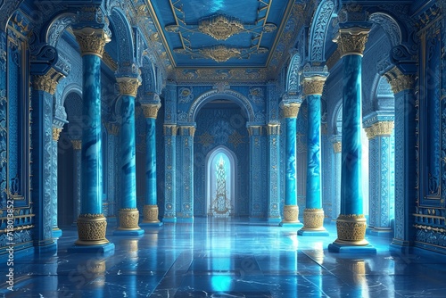 The royal palace's inside is a realistic fantasy blue. Generative Ai. photo