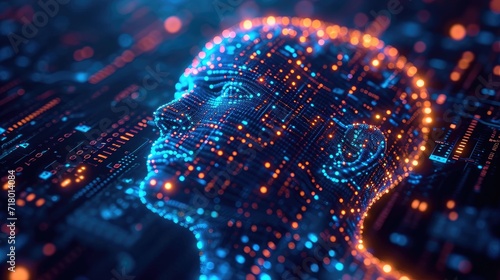 Humen face with binary data flow, artifical inteligent with analytic concept