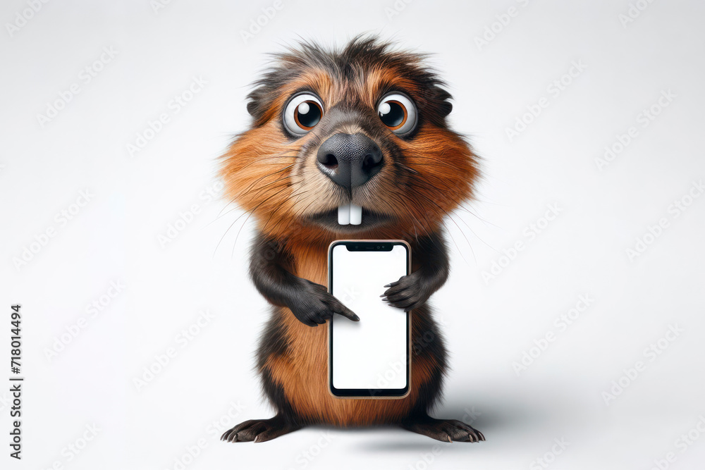 surprised Beaver with bulging big eyes point on smartphone with white screen. ai generative surprised Beaver with bulging big eyes point on smartphone with white screen. ai generative