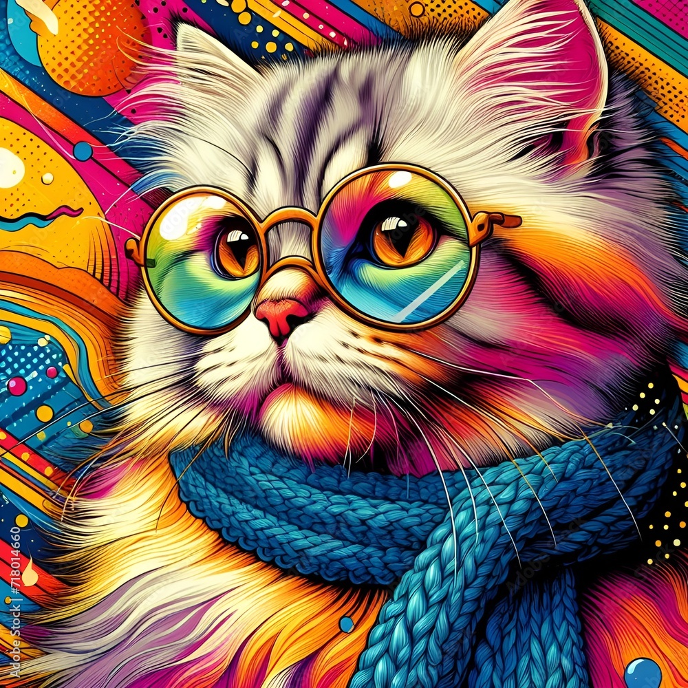  Colorful cat head icon on pop art style.