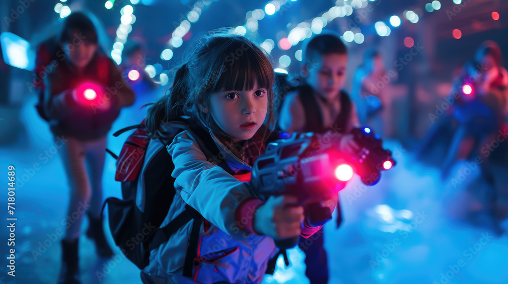 cheerful children playing laser tag, kids, shooting, laser gun, game, childhood, entertainment center, childhood, boy, girl, neon, sport, hobby, fun, party, birthday, people, portrait, weapon, war