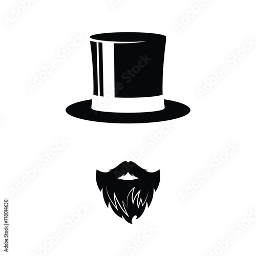 Simple black and white silhouette of top hat or high hat or topper with beard, an old western formal dress for male that symbolize status, power and masculinity