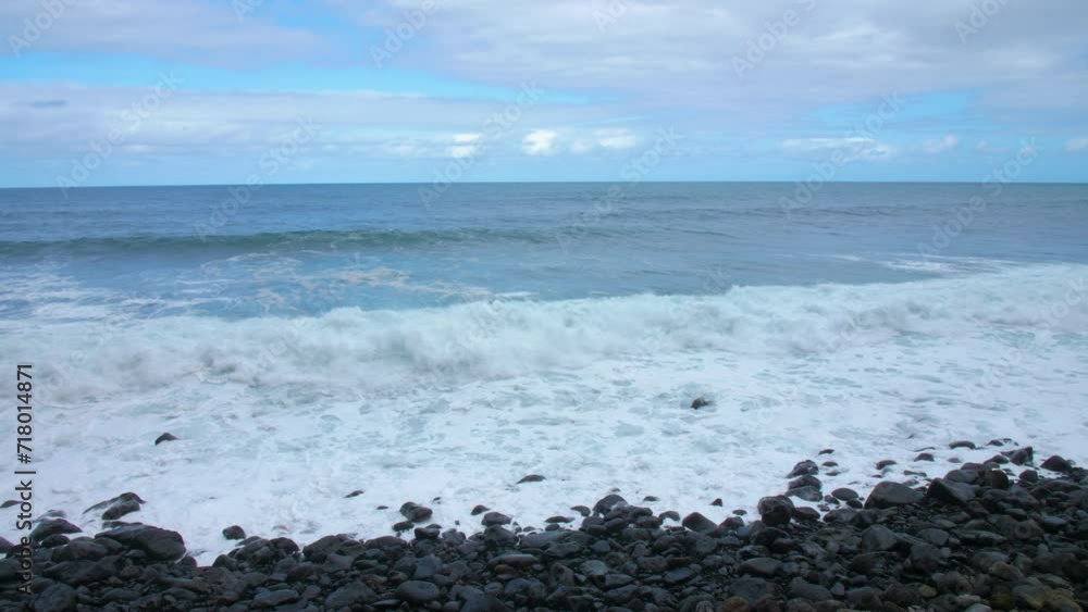 Waves on the coast of Madeira beach ocean sky Porto Moniz Seixal rocks Vacation travel Waves on the coast of Madeira beach ocean sky Porto Moniz Seixal rocks Vacation travel