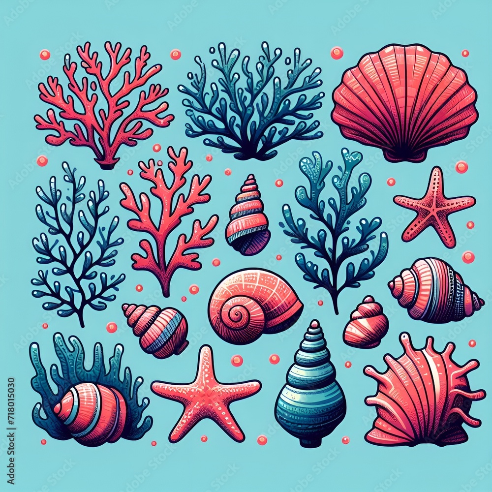 The framed corner is made up of shells, algae, corals, jellyfish, and seahorses. Creating watercolor images for postcards and posters Beach accessories The framed corner is made up of shells, algae, corals, jellyfish, and seahorses. Creating watercolor images for postcards and posters Beach accessories