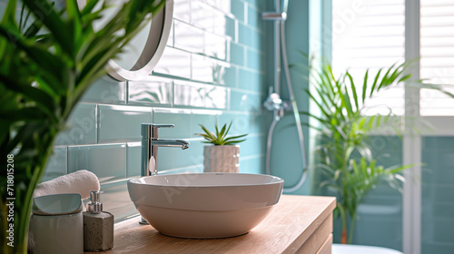 Bright bathroom with green subway tiles and white sink close-up on a wooden countertop. Interior design  cozy lifestyle