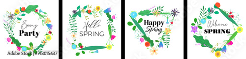 Hello spring banner templates. Abstract drawing flowers geometric figure wreath set. Round, triangular, square and rhombus floral bouquet art card collection. Summer blooms poster. Herbal eps plants