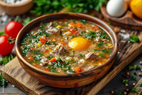 Egg and meat soup with excellent image.