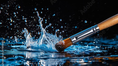 Artistic Paintbrush Art Tool in water splashes on the black background. Horizontal Illustration. Design and Creativity. Ai Generated Illustration with Professional Graphic Paintbrush.