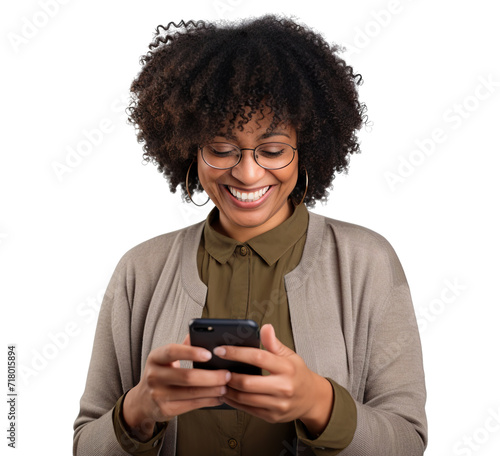 Happy African American woman using cell phone, cut out