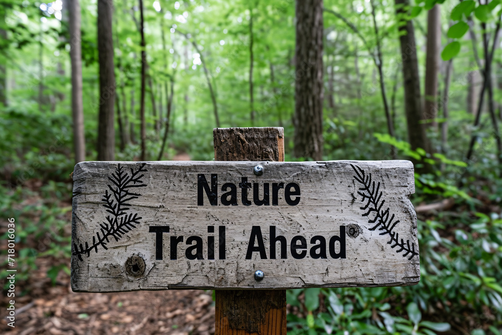 Weathered Wooden Sign Announcing 'Nature Trail Ahead' in Lush Forest