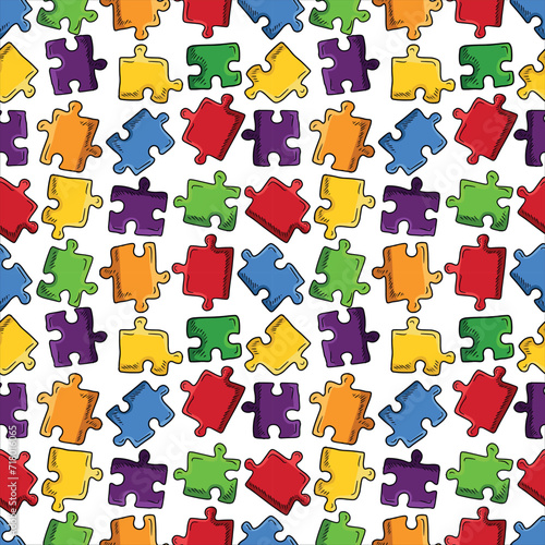 Seamless pattern with colored bright jigsaw puzzle pieces on white background. Hand drawn vector sketch illustration in engraving doodle outline vintage line art style. Autism, games, leisure.