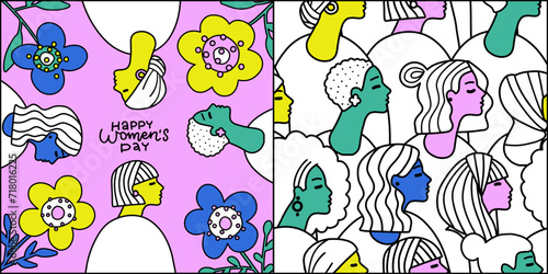 International Women's Day greeting card and seamless pattern set. Comic line vector Illustration with line woman face and flowers.
