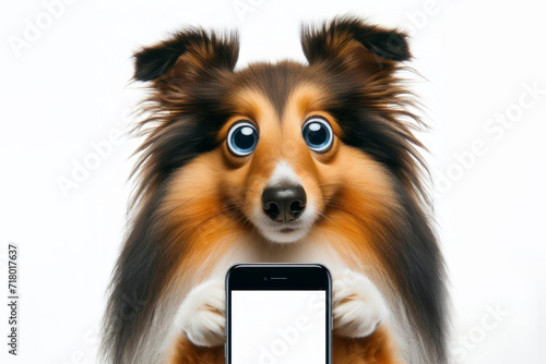 surprised Shetland Sheepdog with bulging big eyes point on smartphone with white screen. ai generative photo