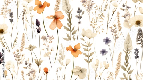 Modern contemporary Seamless pattern with ethereal wildflowers, leaves. vintage dry pressed wild flower plants, grass. Nature floral background. Texture for Cloth, Textile, Wallpaper, fashion printsMo