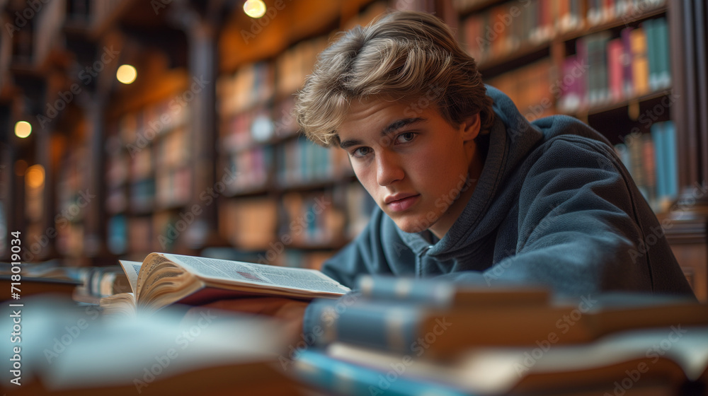 man reading a book in library at university and studying man reading a book in library at university and studying