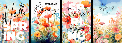 Hello spring poster with abstract watercolor drawing flower meadow. Floral art hand drawn placard. Botanical artistic paint brush cover. Summer blooms. Herbal plants woman holiday postcard template #718019054