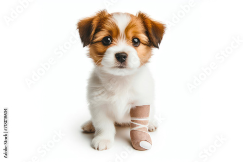 Portrait of a little dog with a white bandage on his leg isolated on solid white background. ai generative