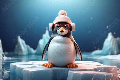 Cute penguin wearing hat and glasses