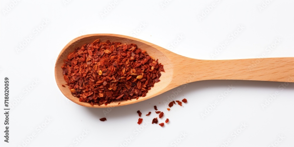 Spice Chili Pile In Wooden Spoon On White Background. Top View Of Red Pepper, Organic Dry Seasoning. Spicy Condiment Spice Chili Pile In Wooden Spoon On White Background. Top View Of Red Pepper, Organic Dry Seasoning. Spicy Condiment
