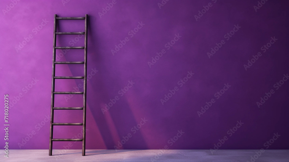 An Old Wooden Ladder Leaning Against a Faded Purple Wall With Copy Space