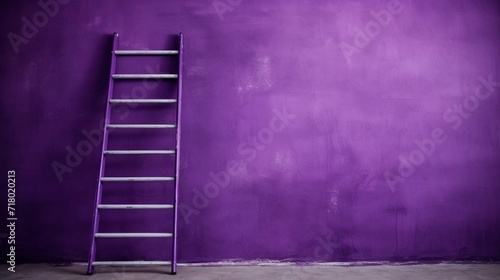 An Old Wooden Ladder Leaning Against a Faded Purple Wall With Copy Space photo