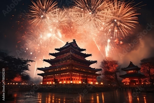 Sparkling fireworks lighting up the night sky, Chinese new year, Generative AI