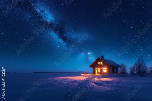 A cottage with the Milky Way in the background at night. Generative Ai.