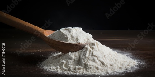 Flour In Wooden Spoon On Wood Table With White Wheat Powder Heap Around. Front View Of Baking Starch Pile Over Dark Background. Cooking Ingredient photo